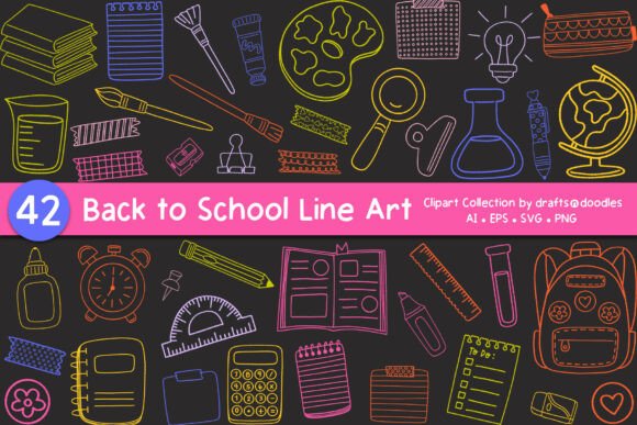 Back to School Line Art Doodles Clipart: Graphics for Crafts